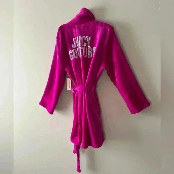 Juicy Couture Barbiecore Pink Silver Sequined Logo Plush Robe Sz S/M - Picture 9 of 10